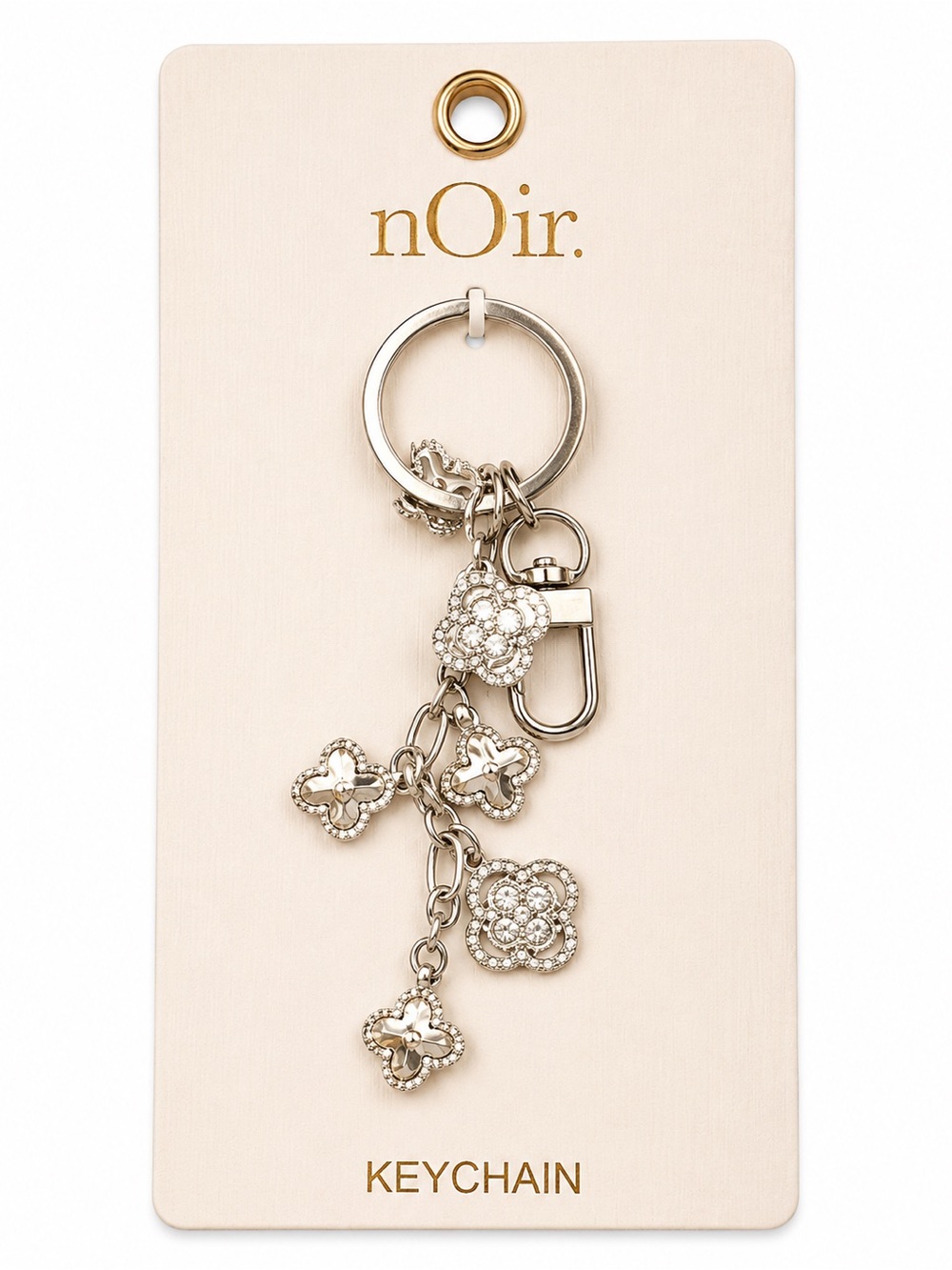 nOir Crystal Flower & Clover Charm Keychain Silver Tone Rhinestone Key Ring NWT